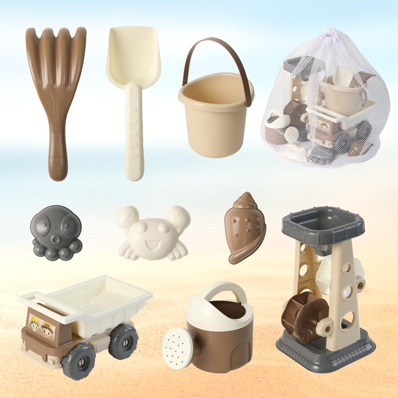 UBABY - Juguetes Playa Bebé - Juguetes Piscina Bolas - Set Cubo Juguete de Arena 9 pcs - Juguete para niños - Bolsa Transporte incluida