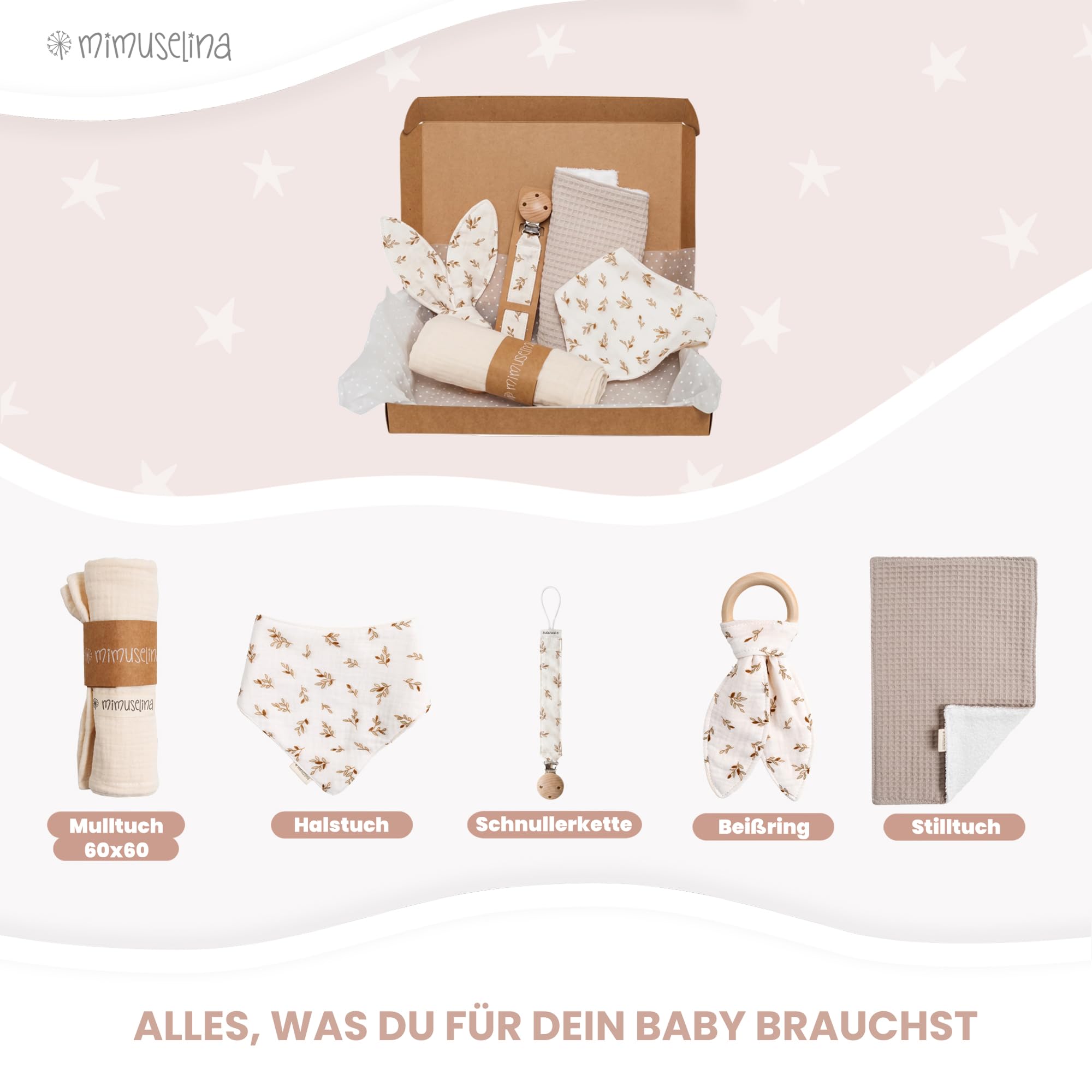MIMUSELINA Pack Neugeborenen Geschenk | Baby Geschenk Mädchen oder Junge | Babygeschenke zur Geburt & Baby Shower | Geschenkbox verfügbar in verschiedenen Größen | Sahara, Small