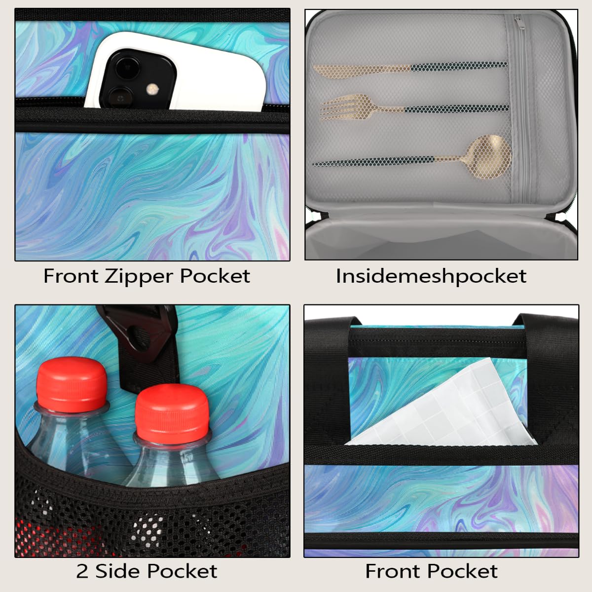 Bolsa térmica grande de camping para picnic, textura líquida, verde azulado, morado, plegable, portátil, bolsa de almuerzo y lonchera para hombres y mujeres, 20 L