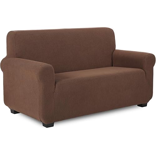 TIANSHU Stretch Loveseat Cover, Durable Loveseat Slipcover with Jacquard Fabric, 1-Piece Non Slip Couch Cover for 2 Cushion Couch, Stay in Place Furniture Cover for Loveseat (Loveseat, Coffee)
