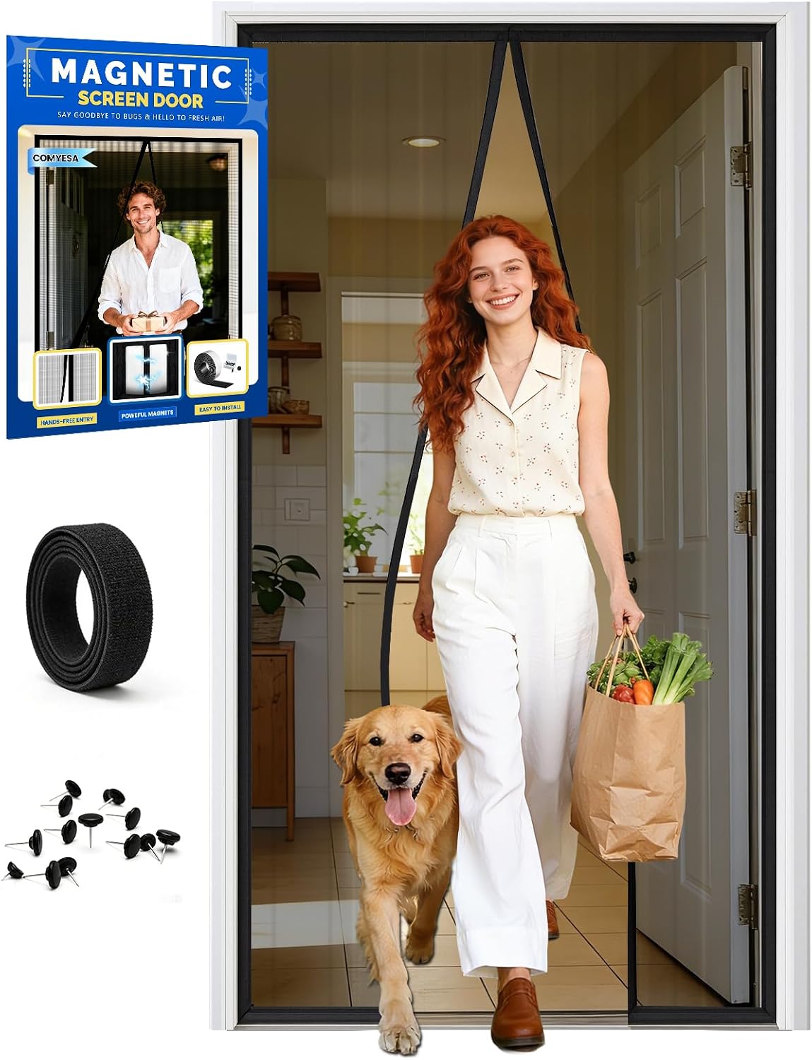 Fly Screens for Doors   Durable Door Fly Screen Curtain with Magnetic Fly Screen Door, Hands-Free Auto Closing, No Drill Installation, 90x200cm