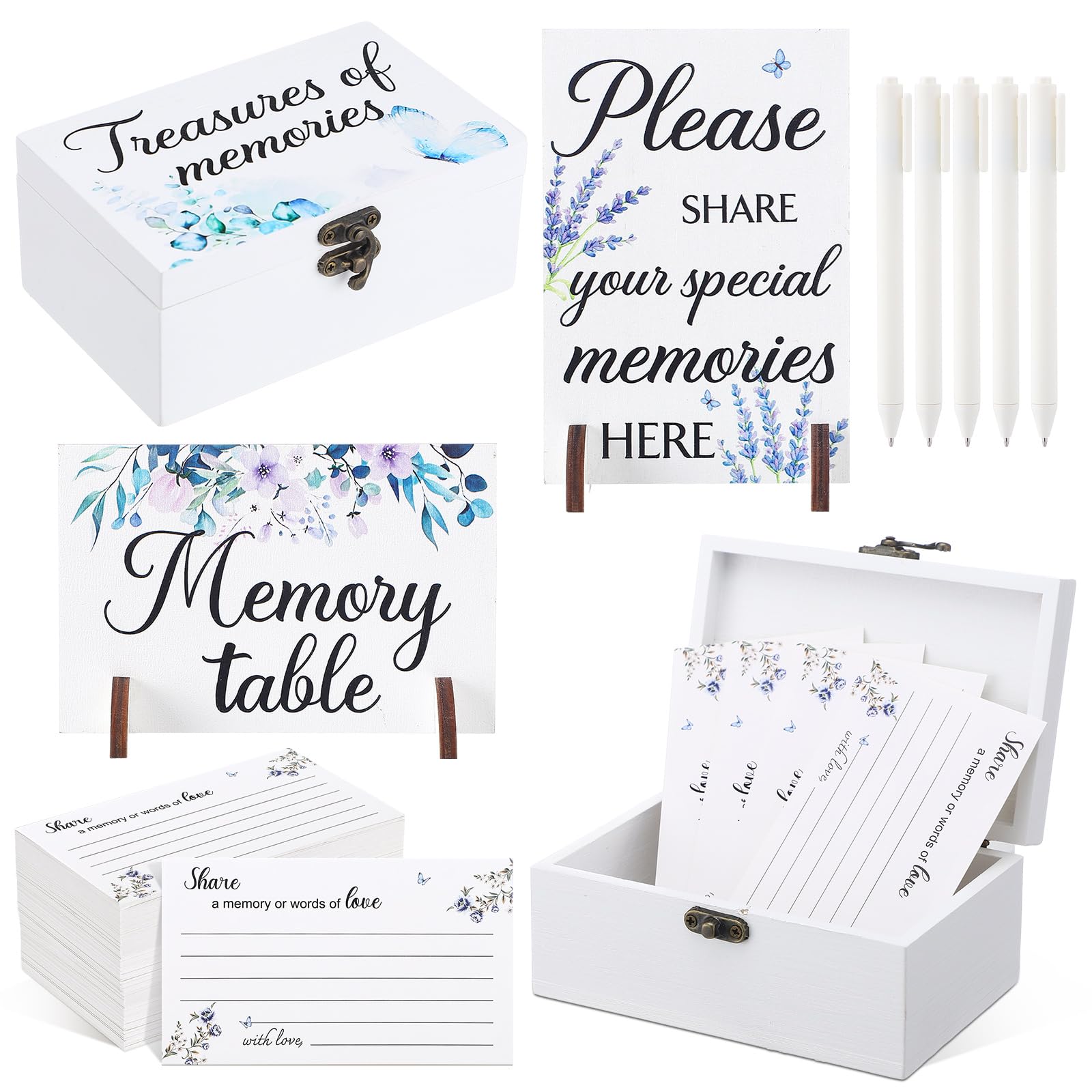 Gilprop 112 Pcs Celebration of Life Memory Cards Set Share a Memory Cards with Box 2 Wood Sign with 4 Hold and 5 Pens, Sympathy Memorial Gifts Funeral Keepsake Decorations (Butterfly) — image 1
