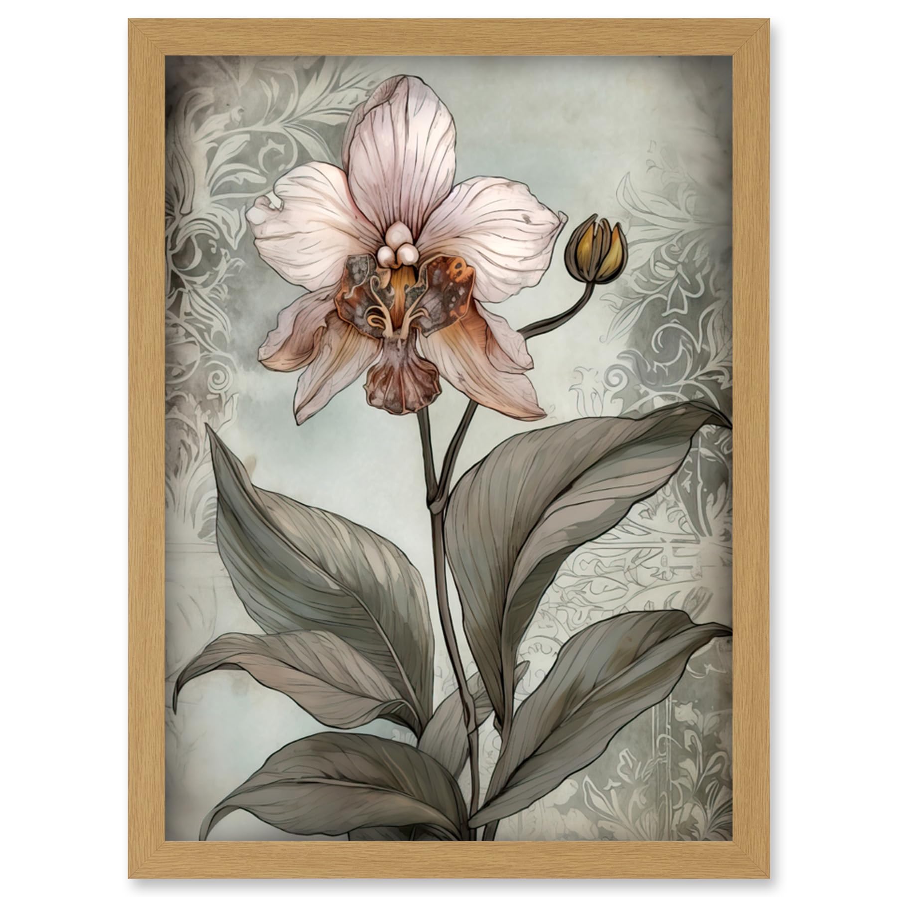 Artery8 Art Nouveau Pink Orchid Bloom Flower Watercolour Artwork Framed Wall Art Print A4