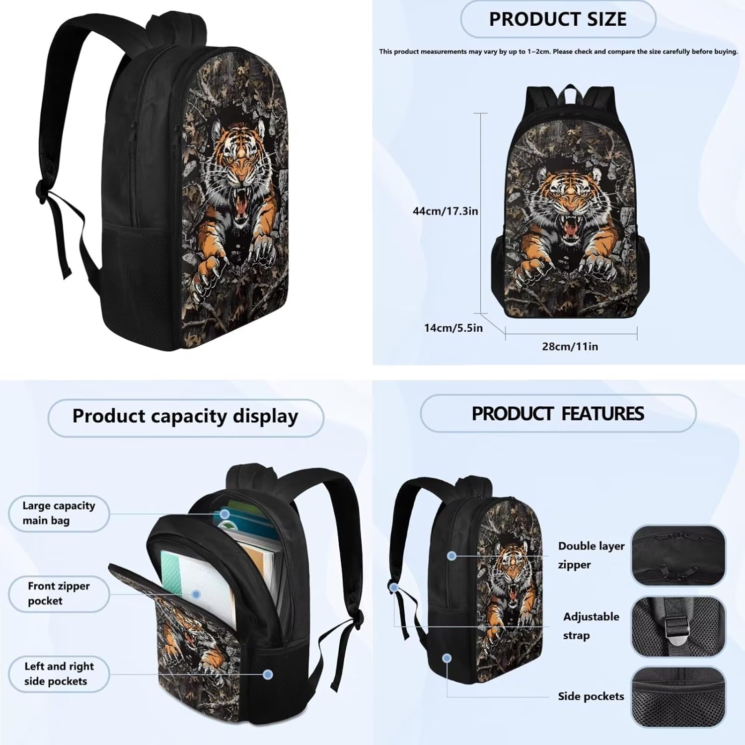 Tiger Camo Backpack for Boys Kids Backpack with Lunch Box Water Bottle Carrier with Strap and Pencil Case Pouch 4PCS Set Bookbag with Compartments for School 17 inch Large Capacity School Bag