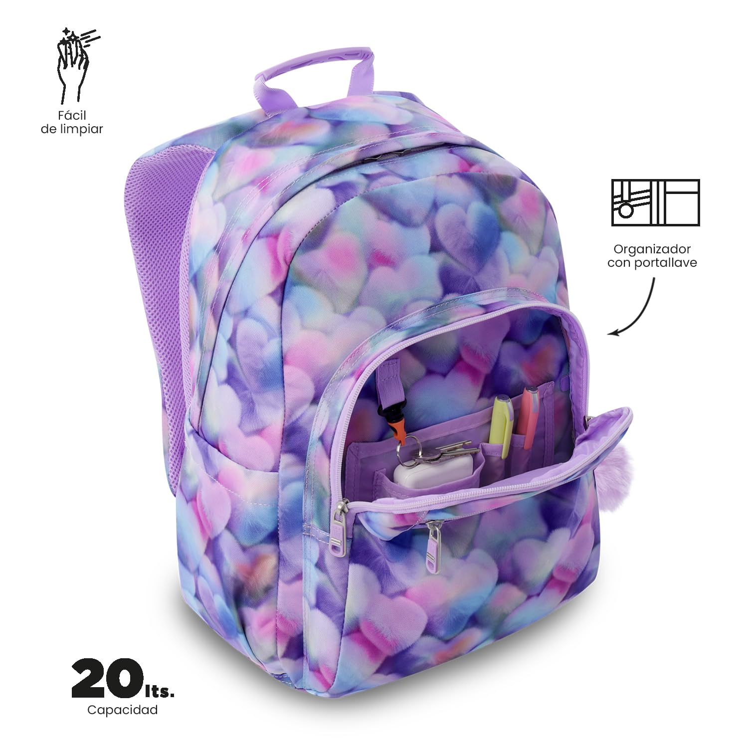 TOTTO - Mochila Escolar Adaptable a Carro, Modelo Acuareles Glitter, Capacidad 20L, Bolsillo para Pc 14", 2 Bolsillo Botella, Espaldar Ergonómico con Flujo de Aire, Correas en S, Estampado Kory Morado