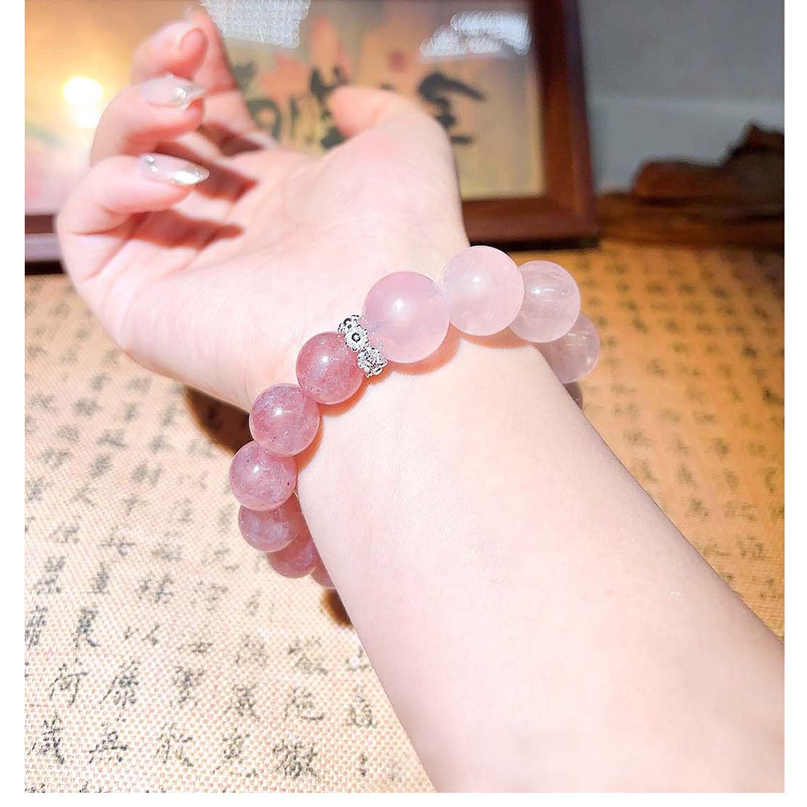 Bracelet en Quartz Rose à Quartz Fraise, Bracelets naturels Faits à la Main, Bracelet Extensible en Pierres précieuses Roses Naturelles pour l'amour, l'énergie Positive, méditation,12MM