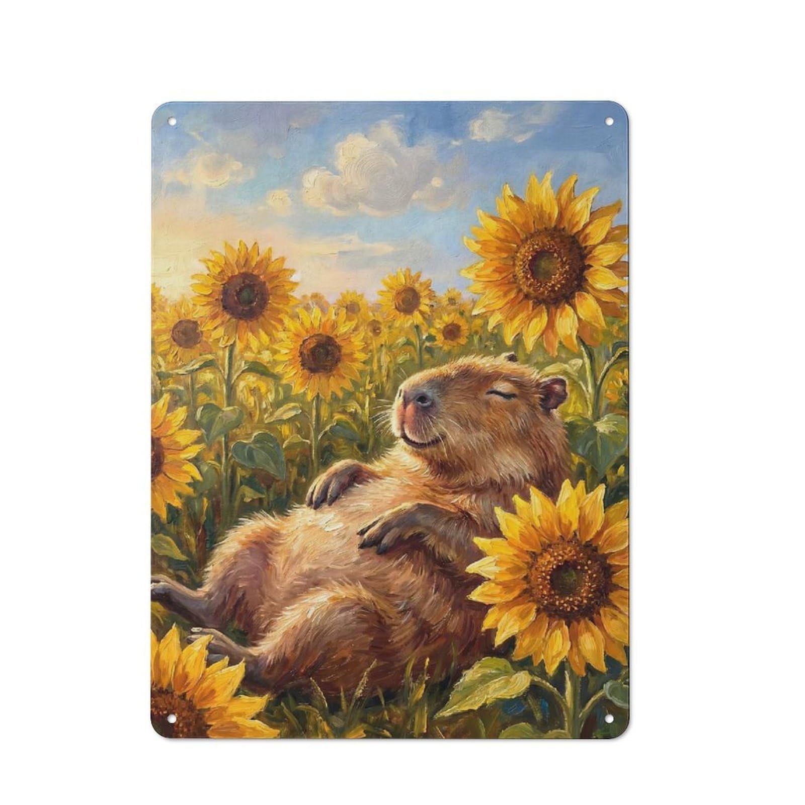 Capybara Sunflower Tin Wall Plaque 40x30cm, Barn Style Rustic Kitchen Decor for Farmhouse Kitchen, Pantry Or Dining Area