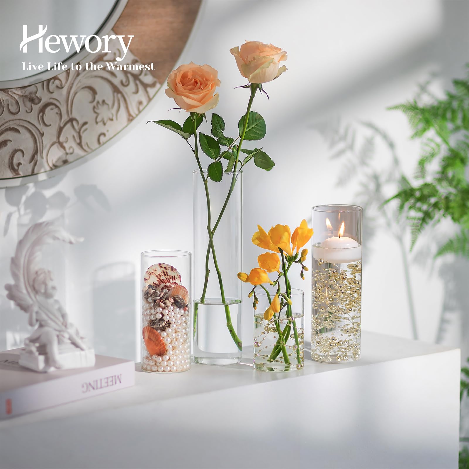 Jarrones Cilindricos de Vidrio para Centro de Mesa: Hewory 12 Jarrones de Cristal Jarrón Cilindrico Vidrio con Hilo de Perlas para Boda Decoracion - Decorativos Portavelas para Decoracion Hogar