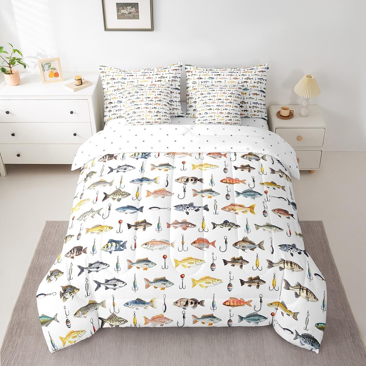 Feelyou Fish Bedding Set Twin Size Ocean Sea Animal Comforter Set with Sheets 7 Piece Fish Hook Fishing Theme Bed in a Bag Fishing and Hunting White Bed Set with Comforter,Sheets,Pillowcases