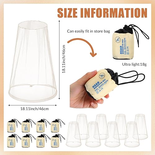 Miniatura 9 de Tudomro 8 unidades de mosquitero para cabeza, cara, mosquitera, sombrero de red de 18 x 18 pulgadas para cabeza con bolsas de transporte (gris)