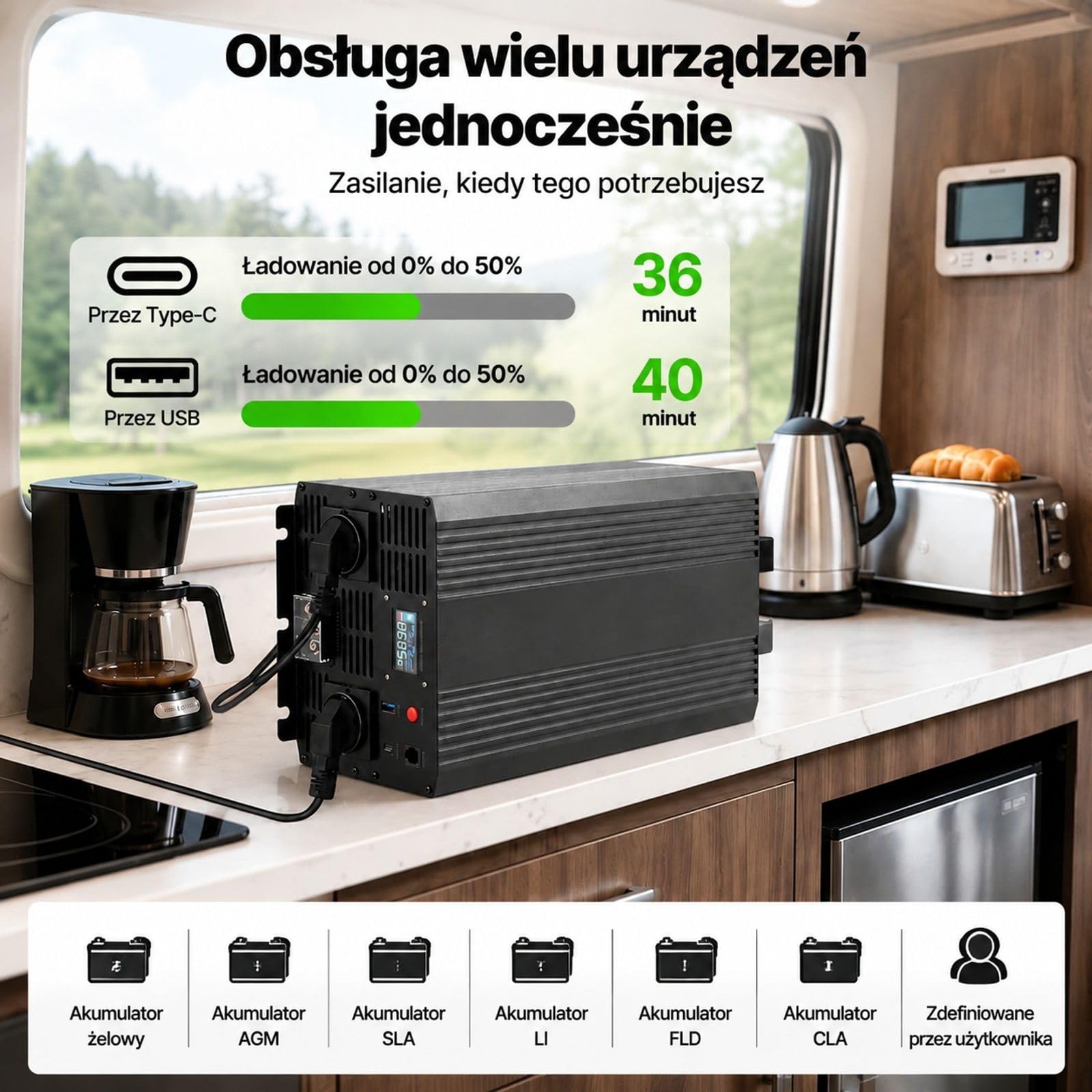 Falownik czystej fali sinusoidalnej 3500 W, 12 V DC do 230 V AC, ekran LCD, obudowa ze stopu aluminium, 2 gniazda do auta kampera domu