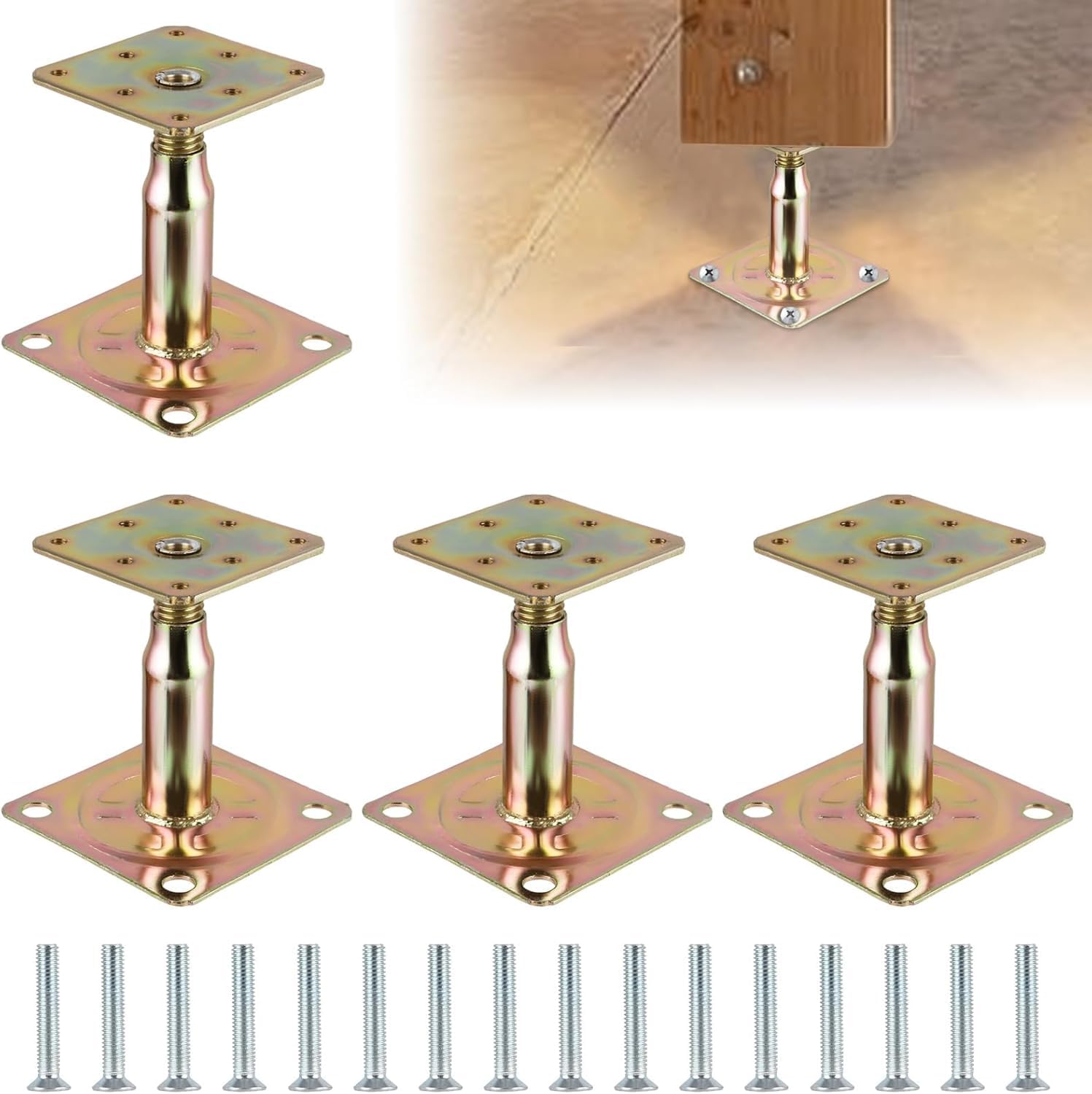4PCS 100-150mm Galvanised Adjustable Elevated Post Base Support, Heavy Duty Roof Support for Building Yellow Zinc