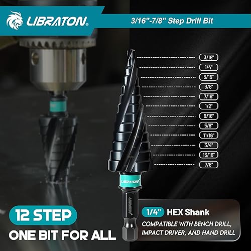 Miniatura 4 de LIBRATON Juego de brocas con paso de flauta en espiral, M35 cobalto Unibit de 316 a 78 pulgadas, brocas escalonadas recubiertas AlTiN, cuatro