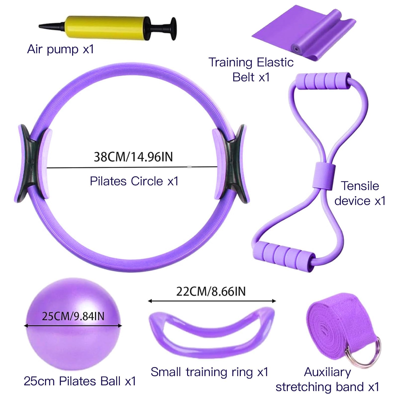 7 Pièces Kit Pilates Maison Accessoire Pilates Femme Kit: Yoga Ball, Resistance Bands, Pilate Ring, Yoga Band, Pompe à air pour l'Entraînement à Domicile et en Studio