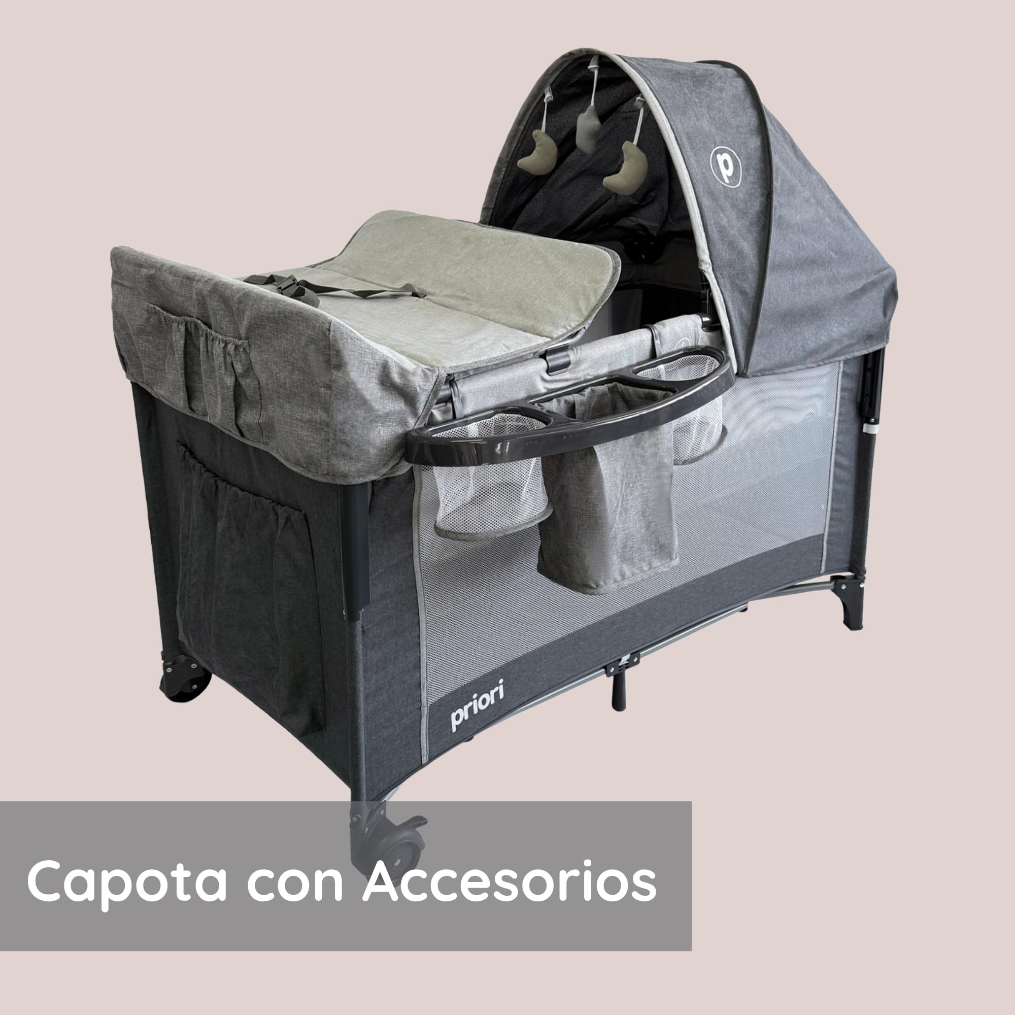 Priori Baby Halley Cuna Colecho Convertible 2 en 1 para Bebé – Portátil con Cambiador, Toldo y Juguetes, Regulable en Altura con Malla Transpirable Ruedas con Freno y Colchón Suave, Hasta 15 kg (Gris)