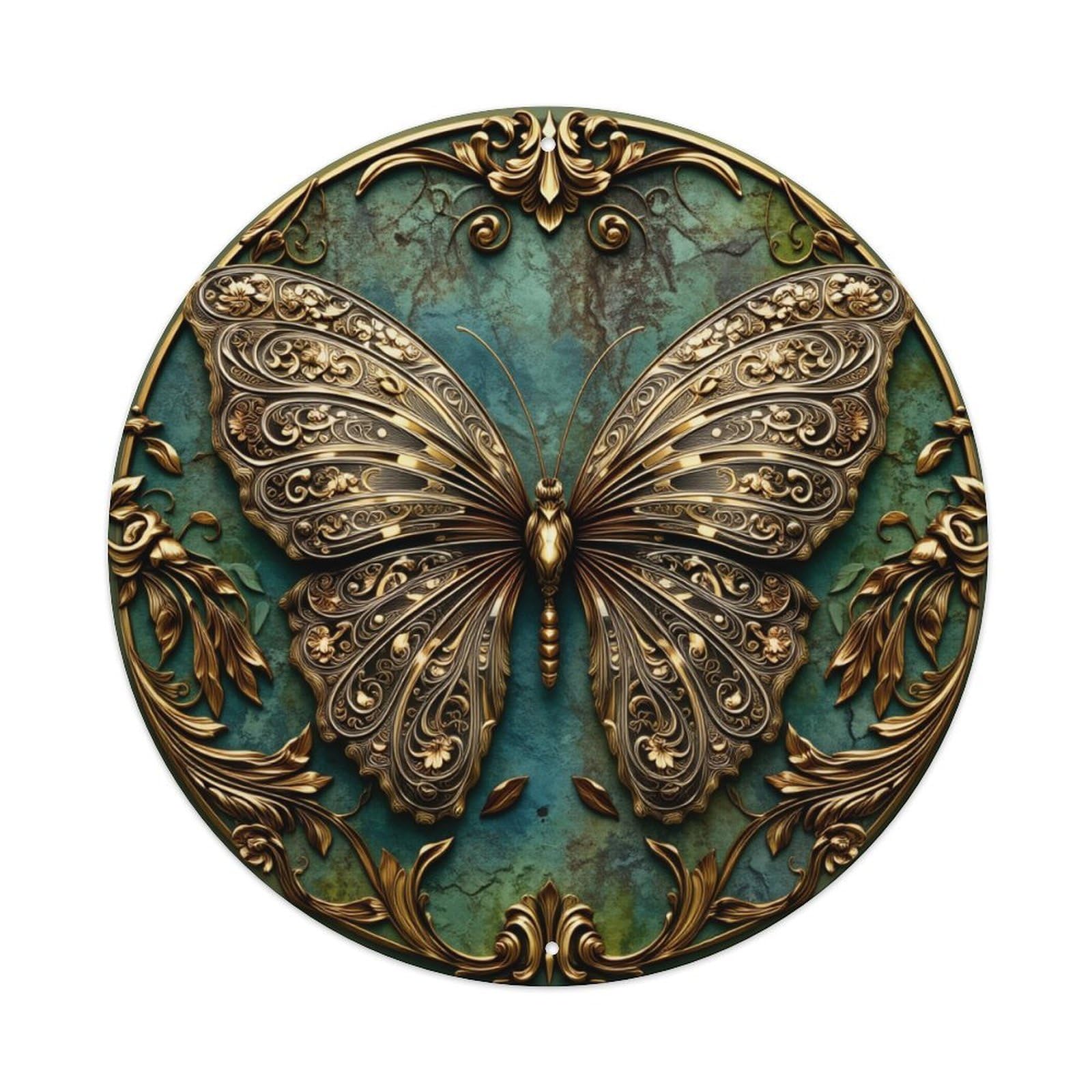 Golden Butterfly Ornate Design Pattern Round Tin Sign Vintage Metal Poster, Home Bar Garage Man Cave Cafe Indoor & Outdoor Wall Decoration 8x8Inches