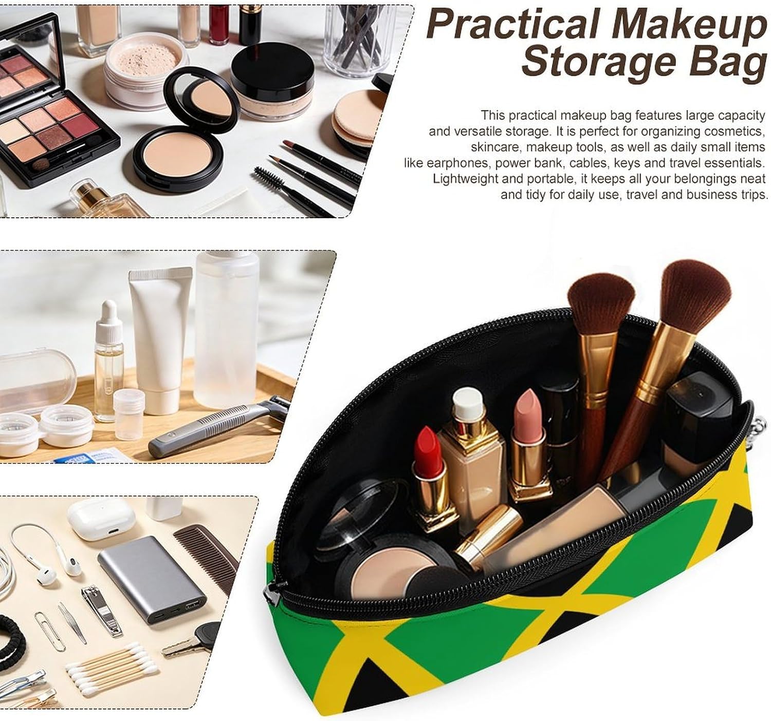 Jamaican Flag Women's Curved Makeup Bag for Purse image 4