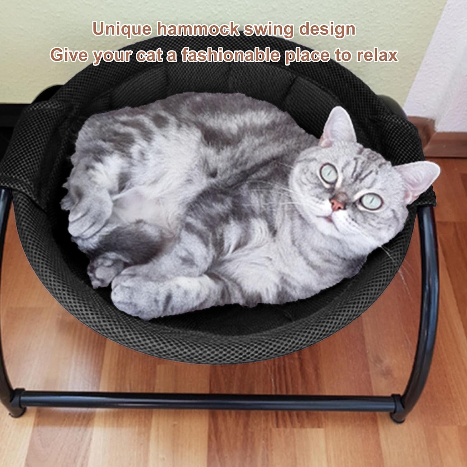Elevated Cat Hammock Bed, Breathable Mesh Removable Washable All Season Comfort Raised Cat Swing Bed, Elevated Pet with Sturdy Metal Frame for Home (Black)