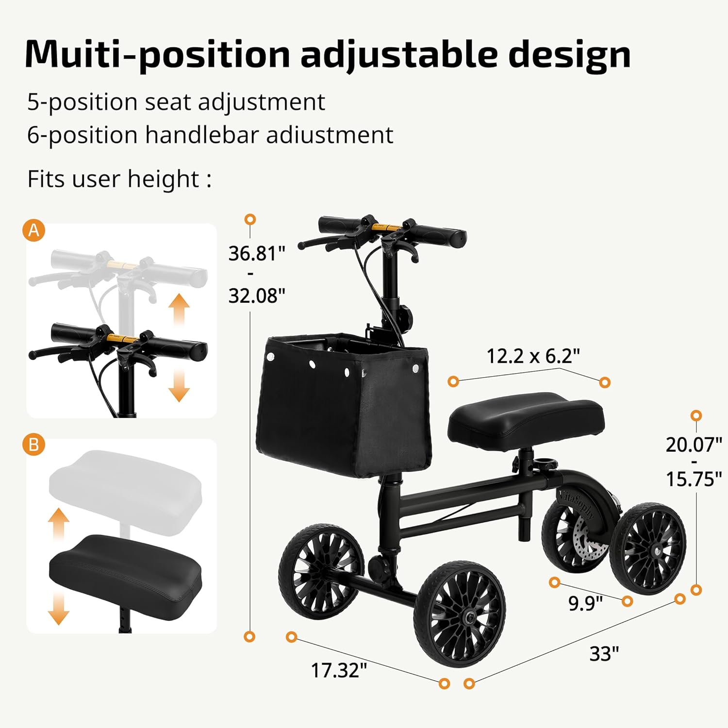 knee scooter with disc brake, steerable knee walker for adults,foldable rover scooter forbroken foot injured leg crutch,black