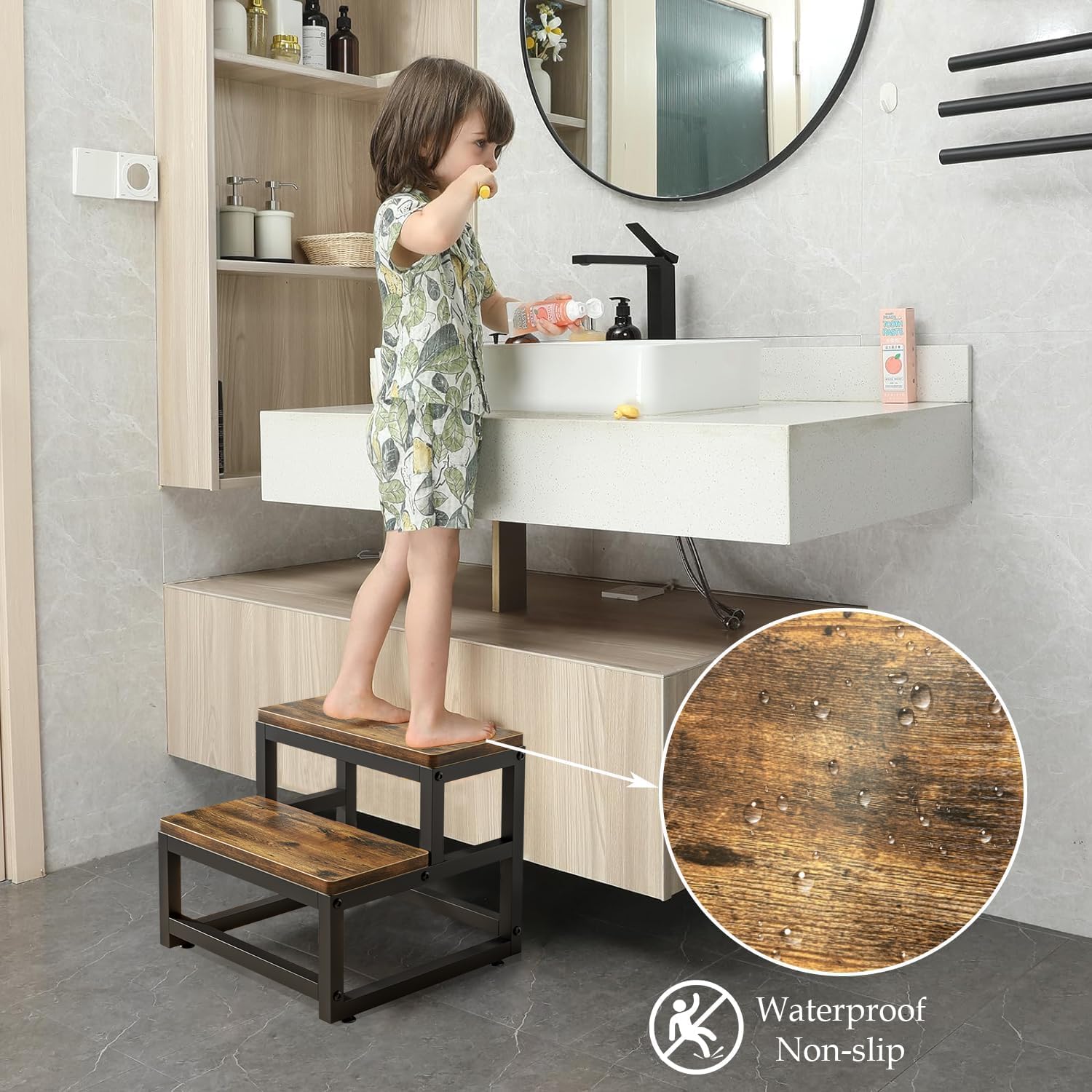 Marche Pied en Bois, Petit Tabouret Bas, Marche Pied Enfant sécurisé, marchepied Bois antidérapant, escabeau Enfant pour Salle de Bain, Chambre et Balcon, Pratique et Stable, 2 Niveaux