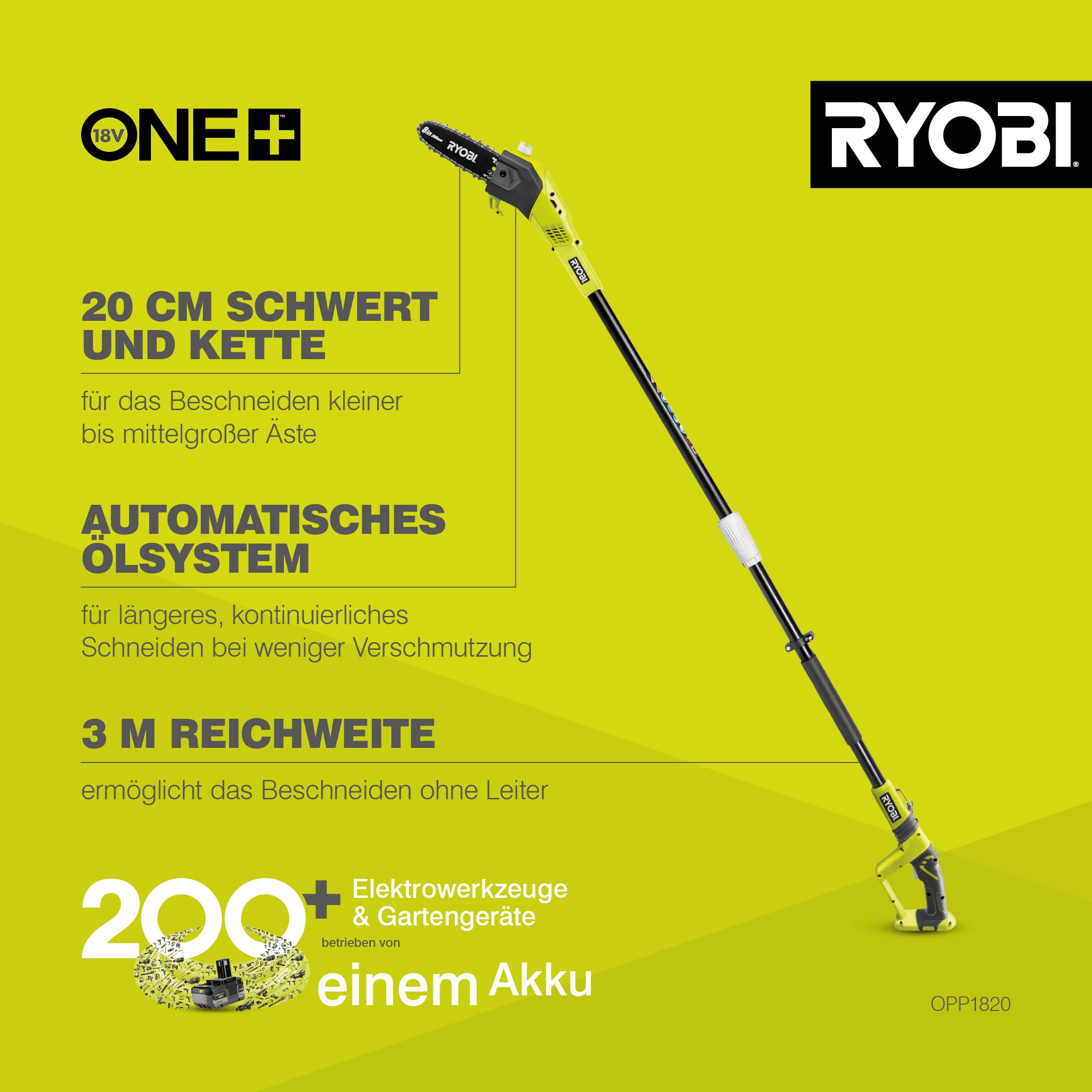RYOBI 18V ONE+ Akku-Hochentaster OPP1820 | Teleskop-Astsäge mit 20 cm Schwert, 5,5 m/s Kettengeschwindigkeit, Reichweite bis 4 m, automatische Kettenschmierung, ohne Akku und Ladegerät