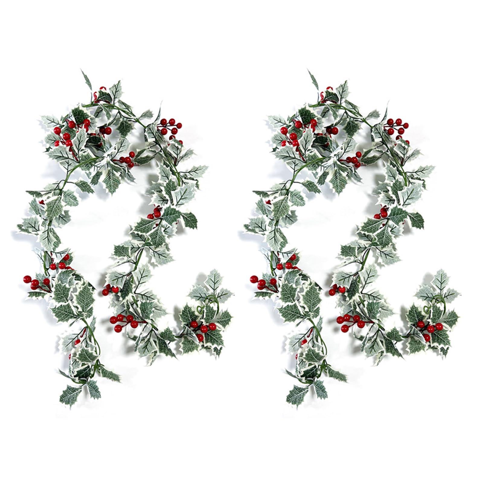 DAVBNM 2PCS Mixed Color of White and Green Leaves Christmas Garland, 2.0M Artificial Wreath With Red Berries, Garland Decoration for Fireplace, Stair, Front Door, Stairs Fireplace, Xmas Tree Decor