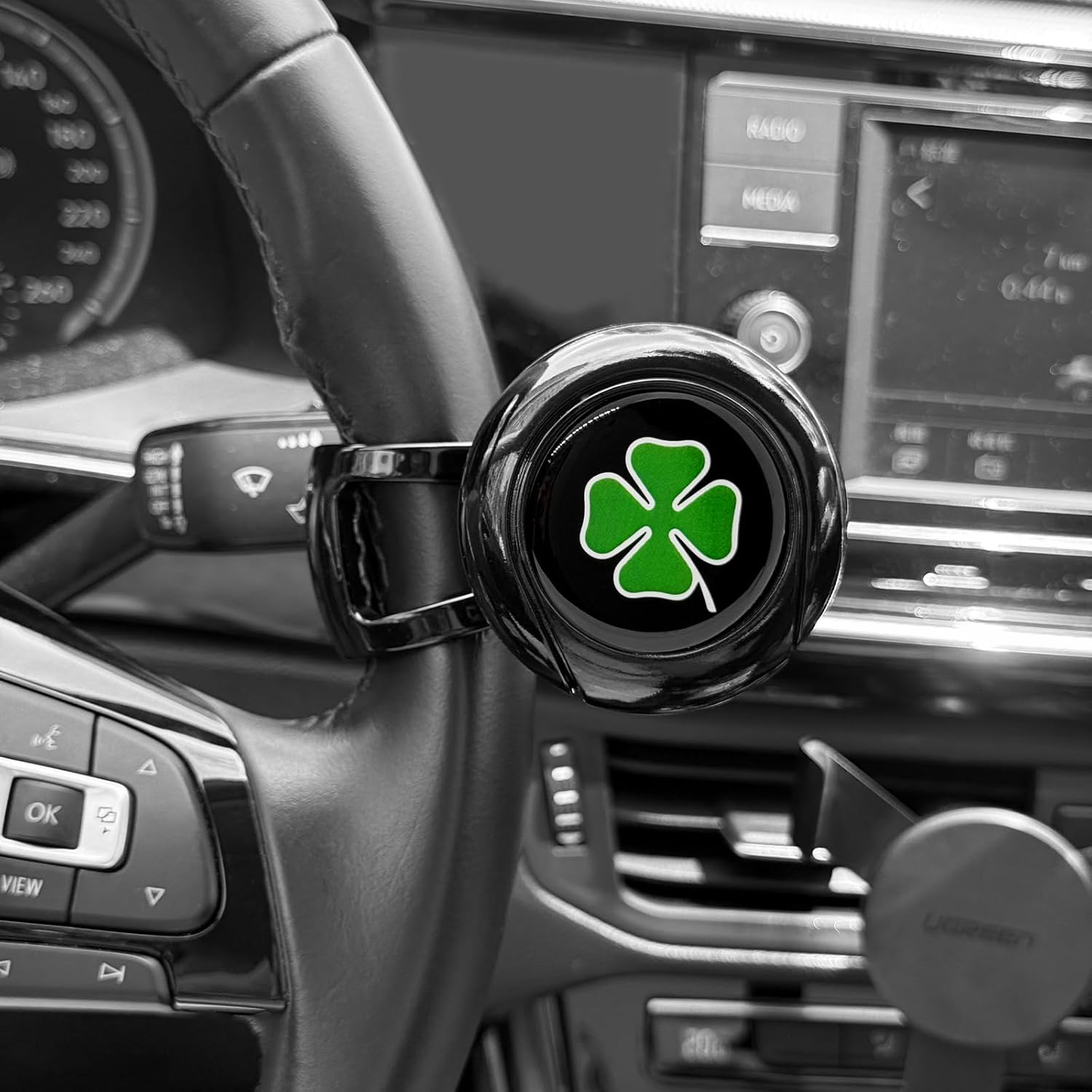 WOSITE Lucky Four-Leaf Clover - Steering Wheel Knob Spinner, Universal Non-Slip - Fit for Cars, Trucks, Boats Rv Bus Tractor & More