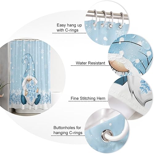 Miniatura 5 de Cortina de ducha de gnomos de Navidad azules, vacaciones de invierno, copos de nieve blanco, azul, impermeable, lavable, bohemio, lindo, divertido,