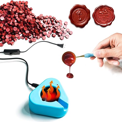 Kit de sellado de cera, calentador eléctrico de sellos de cera para fusión de cera, con 400 cuentas de cera de sellado metálico para sellado de