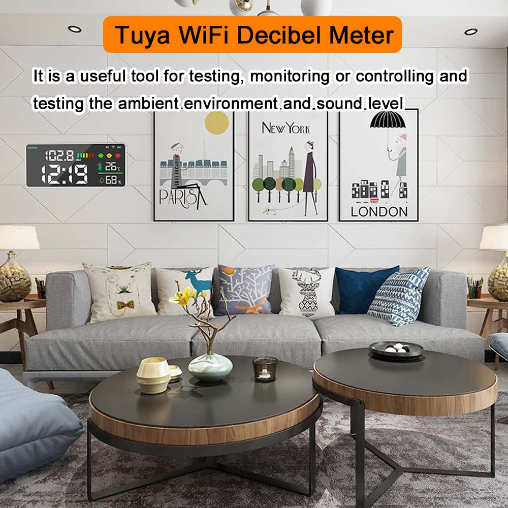 WiFi Decibel Meter 4in1 Temperatur Luftfeuchtigkeit Dezibel Test Wecker 11 Zoll LED Farbdisplay Intelligent Linkage APP Control Noise Decibel Meter