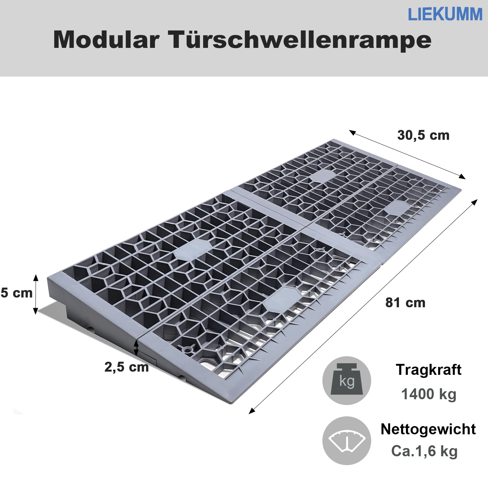 LIEKUMM Rampa progowa do drzwi o wysokości 5 cm, nośność 1400 kg, przenośna, modułowa rampa progowa do domu, na schody, elektryczny wózek inwalidzki, skuter, motocykl
