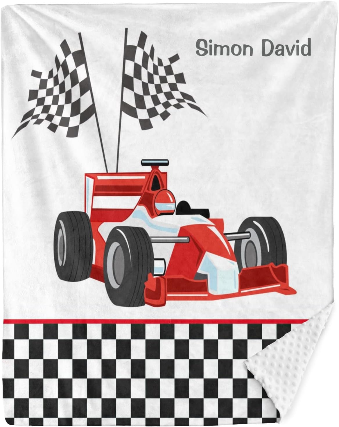 Race Car Checkered Personalized Baby Blanket for Boys Girls,Custom Soft Minky Blanket Double Layer Dotted Naps 35X45 in