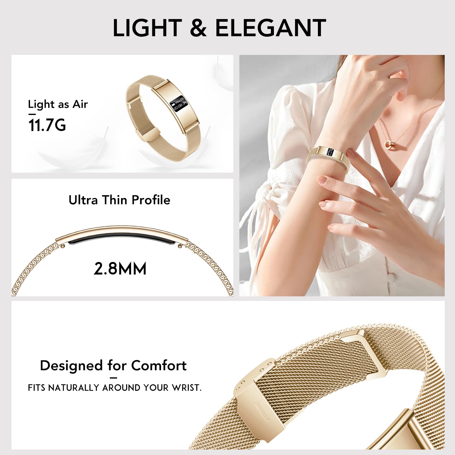 Bracelet Connectée Femme Fitness Tracker: Petite Montre Connectée Santé avec Rappel d'appel Fonction Féminine HRV Moniteur Sommeil Fréquence Cardiaque 5ATM Etanche Montre Sport pour Android iOS (Or)