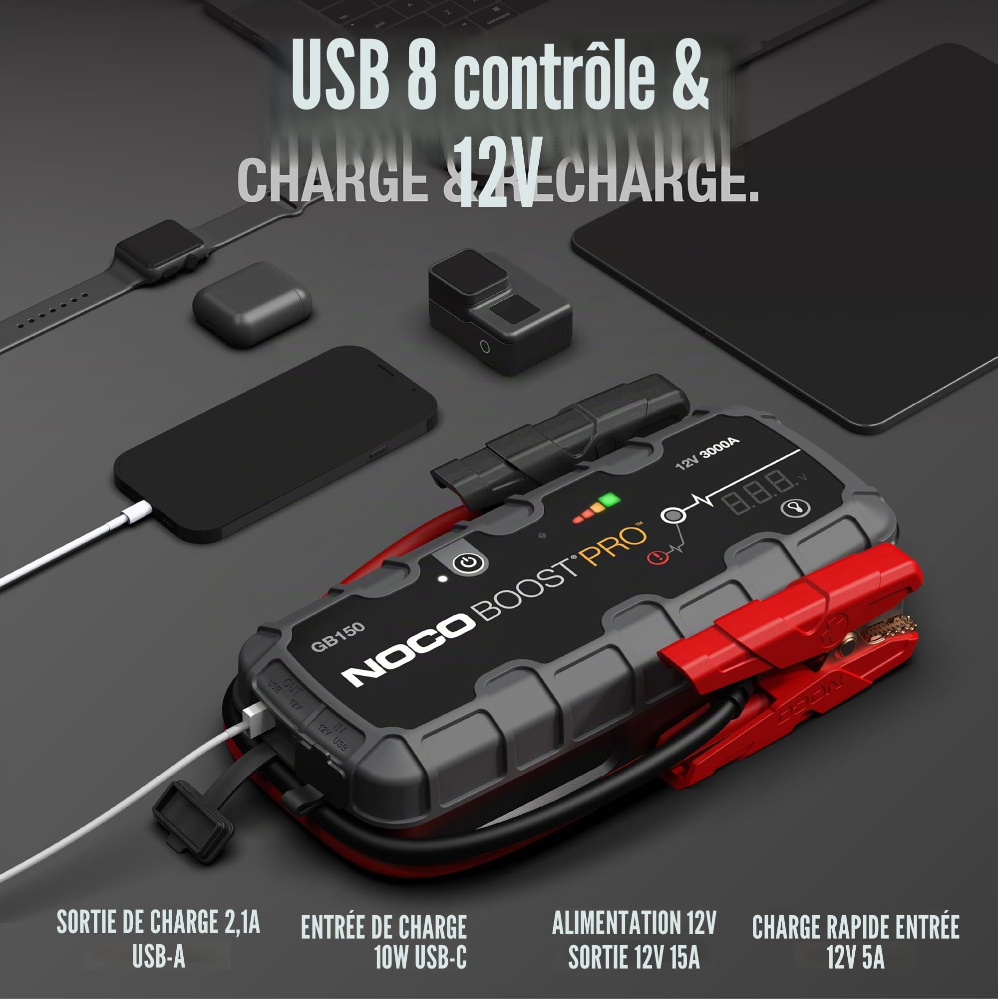 NOCO Boost GB150: Booster Batterie UltraSafe 3000A – Démarreur Lithium 12V Portable avec Powerbank et Chargeur USB – pour Moteurs Essence 9,0L et Diesel 7,0L