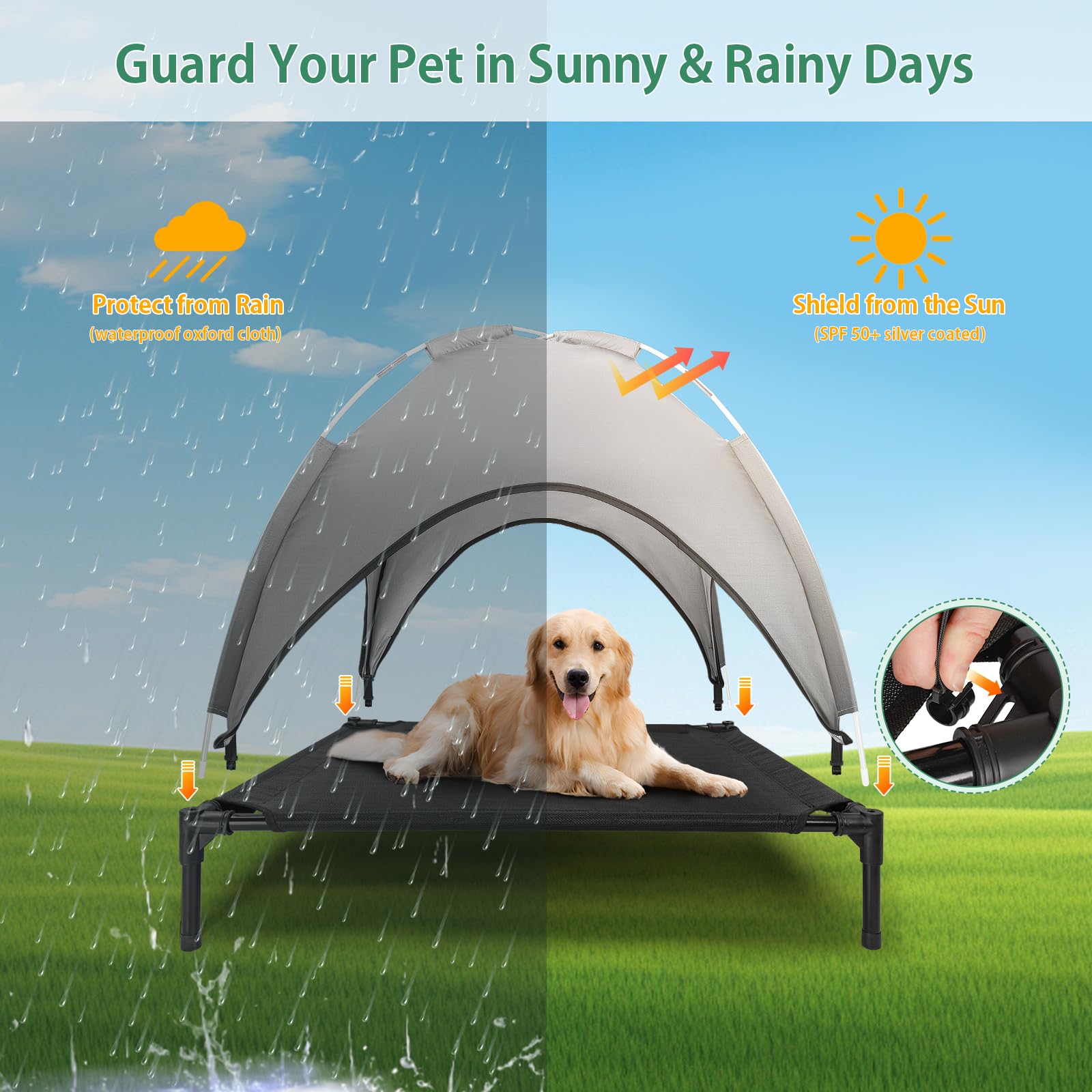 Lit Chien Surélevé avec Parasol, Lit de Camp Chien Chat sur Pieds Tissu Oxford Respirant, Anti-UV Cadre en Métal, Couchage Extérieur pour Chat, 92 x 76 x 94 cm, Gris