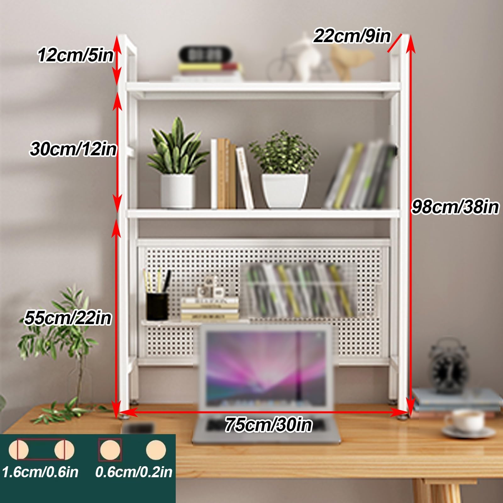 3-poziomowa metalowa nadstawka na biurko, organizer na półkę z perforowaną ścianką, regulowane nóżki, do biura, szkoły, domu, akademika (biała, 75 cm/30 cali)