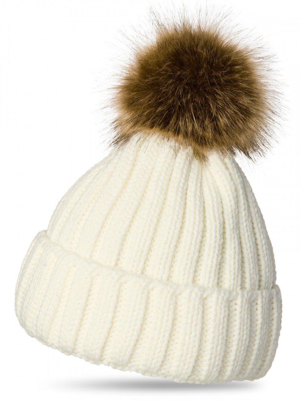 CASPAR Womens Winter Rib Knitted Hat/Beanie with Chunky Faux Fur Bobble Pom Pom - many colours - MU054, Colour:white