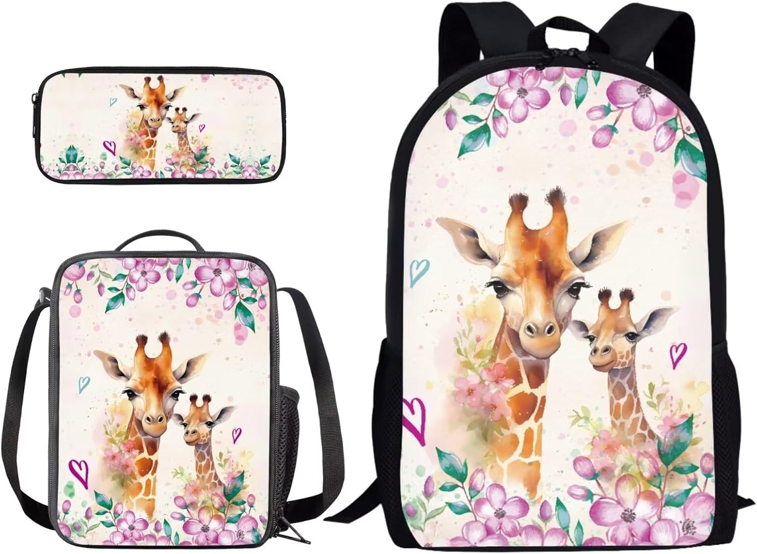 Suobstales Giraffe Flower Print 3 Pack Backpack School Bag and Lunch Box Set with Pencil Case for Middle School Teenage Heavy Duty Schoolbag Back Packs Travel Laptop Bags Daypack for Girls Kids