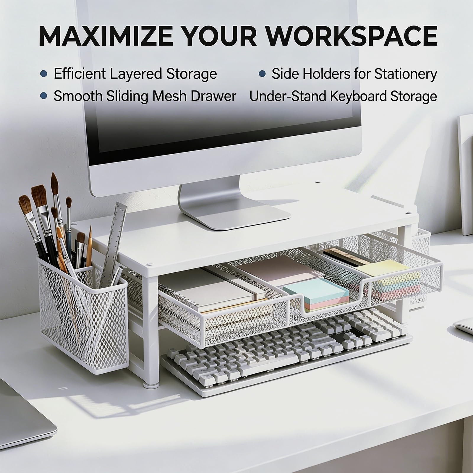 FARYODI Supporto da scrivania per monitor con 2 portapenne, cassetto, organizer da scrivania, supporto ergonomico da tavolo per monitor e computer portatile (bianco)
