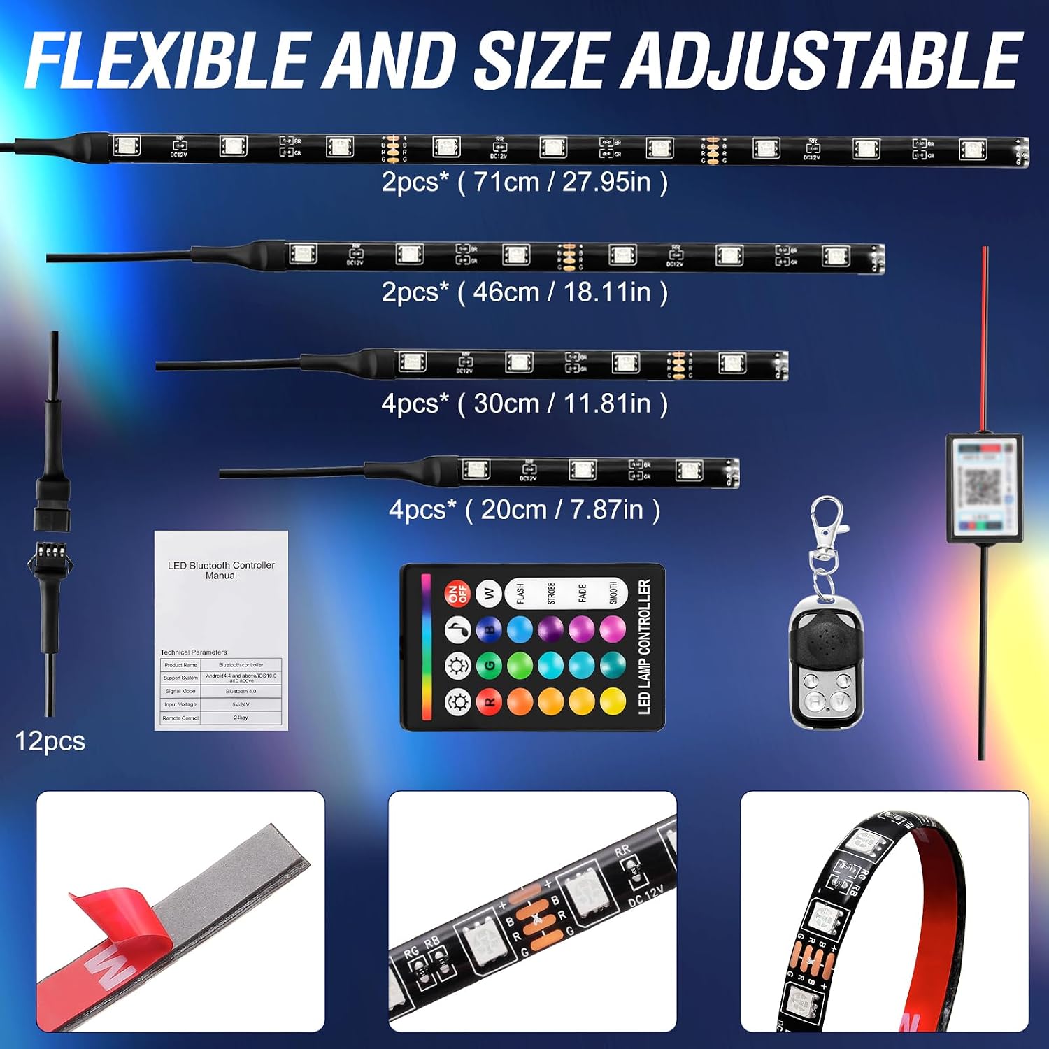 12pcs Golf Cart Underglow LED Light Strip Kit, 16 Color RGB LED Lighting Strips for Extended EZGO Club Car Yamaha, 9-12V Led Strip Kit with 22 Lighting Modes and Music Mic Sync (4 Lengths)
