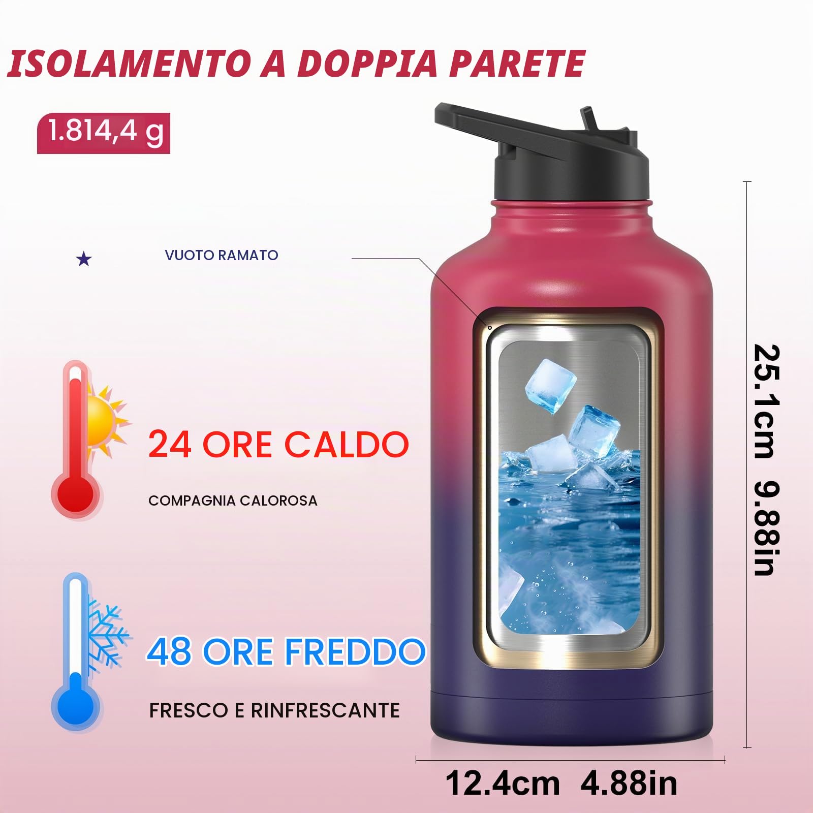 WATERSY Borraccia Termica 2L Acciaio Inox, Grande Bottiglia Termica Impermeabile con 2 Coperchi e Cannucce - Senza BPA per Palestra, Escursionismo, Campeggio e Sport (Rosso/Blu)
