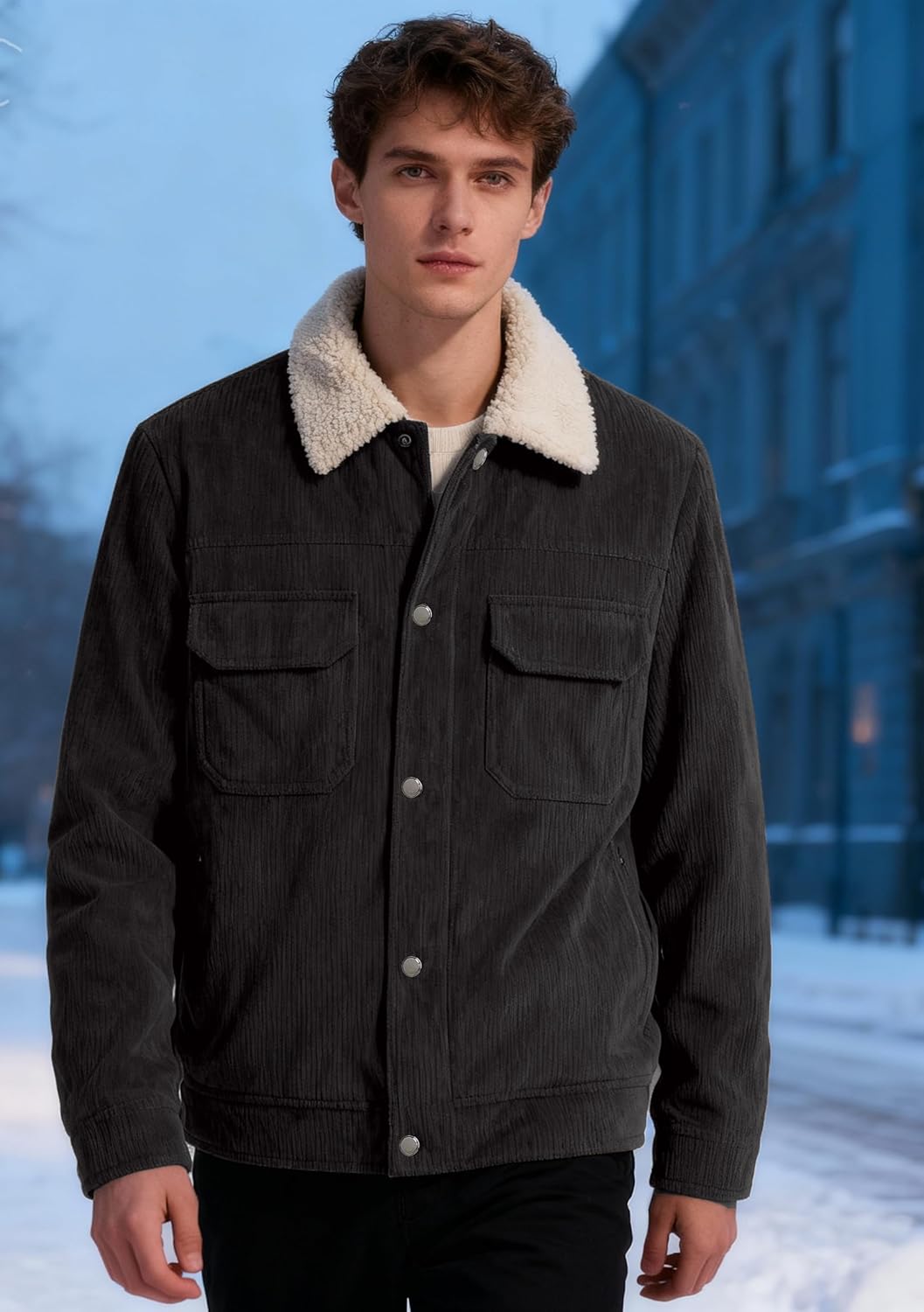 PEGENO Men's Corduroy Jacket Sherpa Lined Trucker Jacket for Men Button Down Thickened Winter Coats with 5 Pockets - Image 3