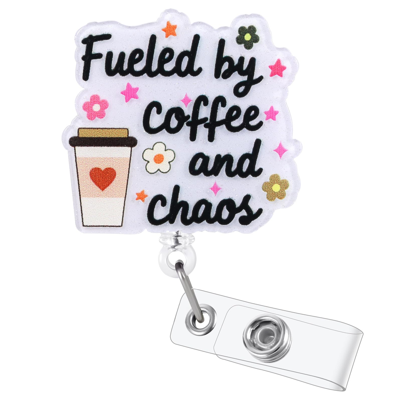 Fueled by Coffee and Chaos Funny Badge Reel | Retractable ID Card Badge Holder | Coffee Lover Badge Buddy | Office Gifts for RN CNA MA LPN ER Nurse Doctor Teachers Coworkers | Acrylic|Alligator Clip — image 1