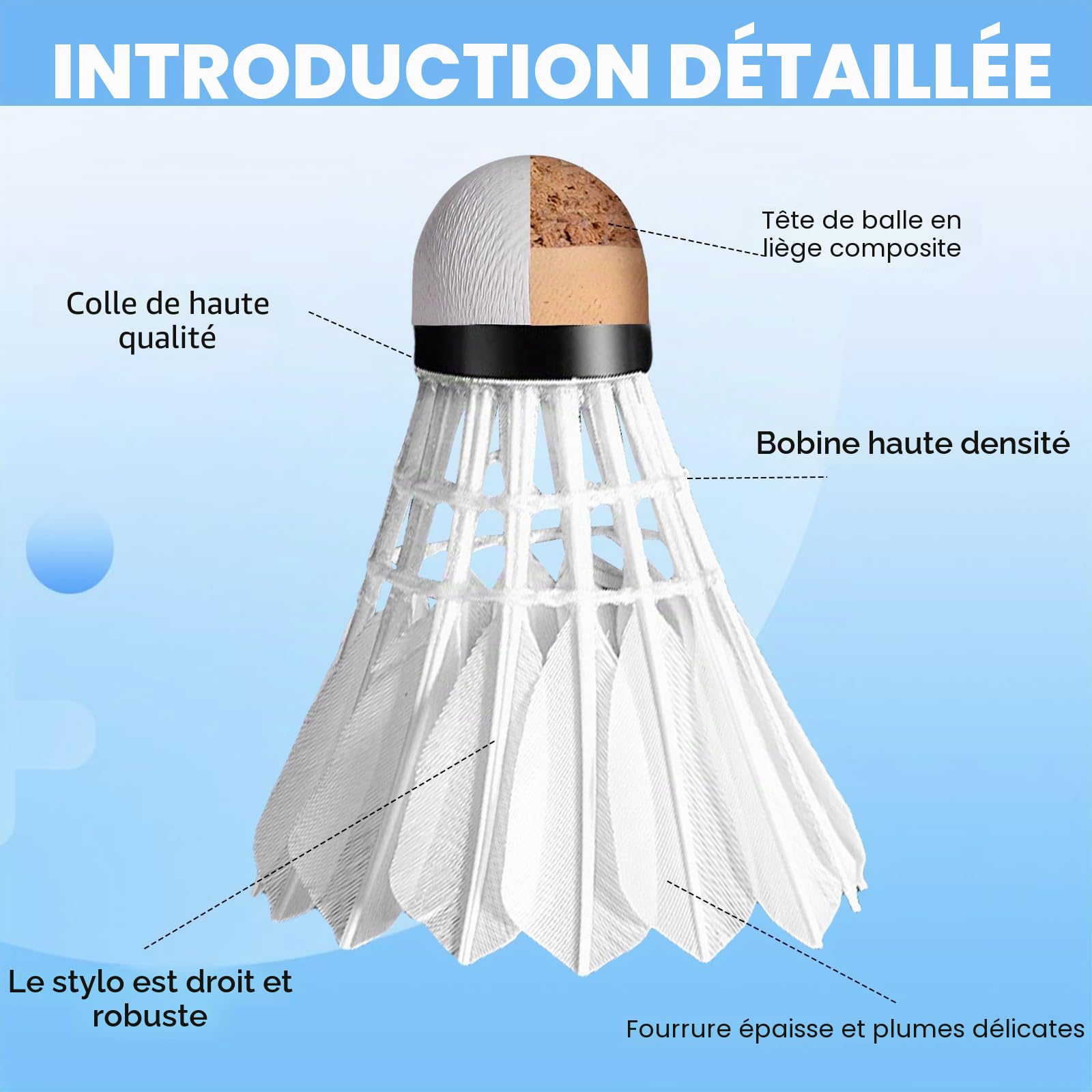 Nizirioo Lot de 12 balles de badminton : volants en plumes d'oie avec tête en liège, entraînement sportif à haute vitesse pour le jardin, volant de badminton en plume d'oie pour le sport extérieur et