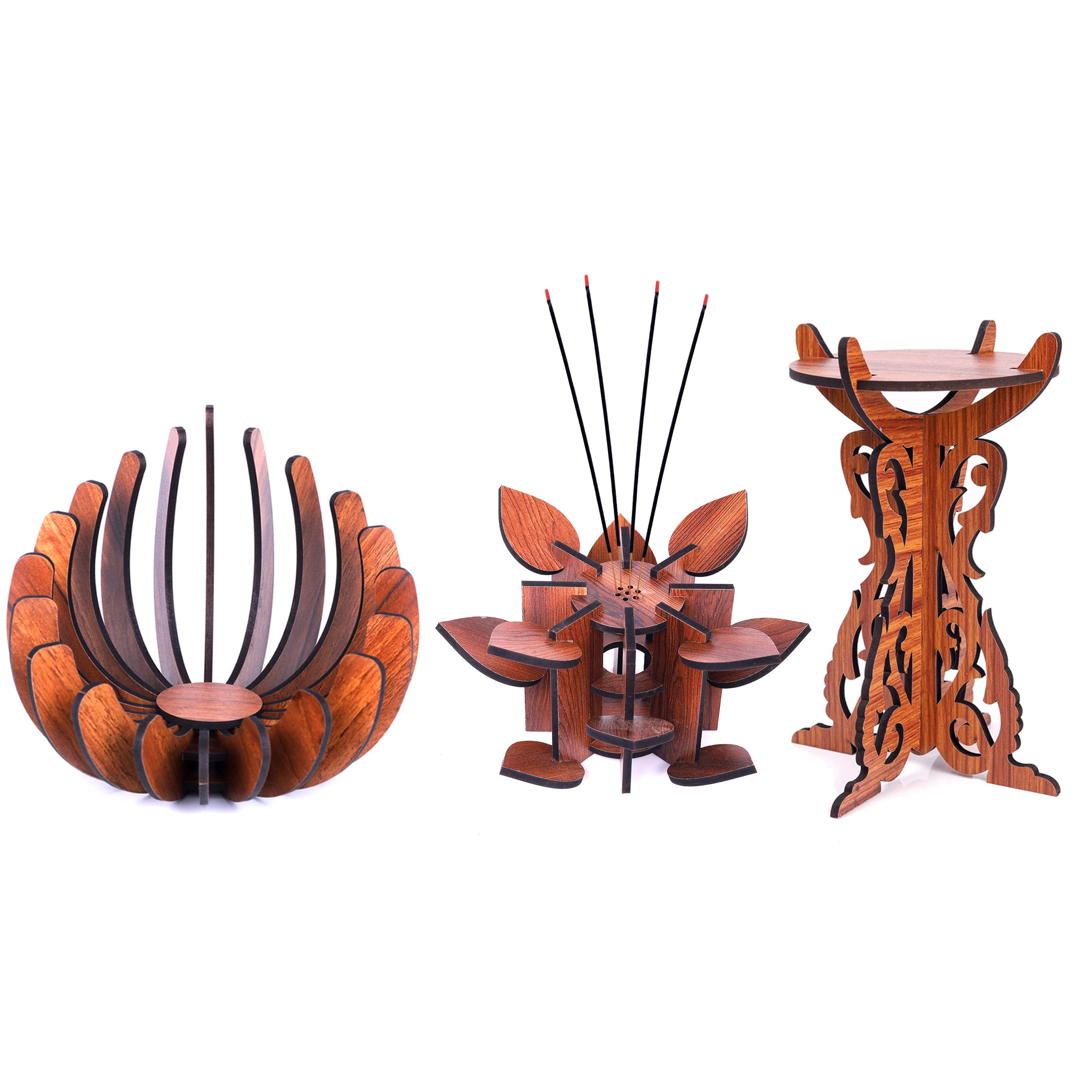 J&M Art Wooden Lotus Deepam Kundulu,Diya Stand & Aagarbati Stand for Home Temple Pooja Room & Festival Decoration Item