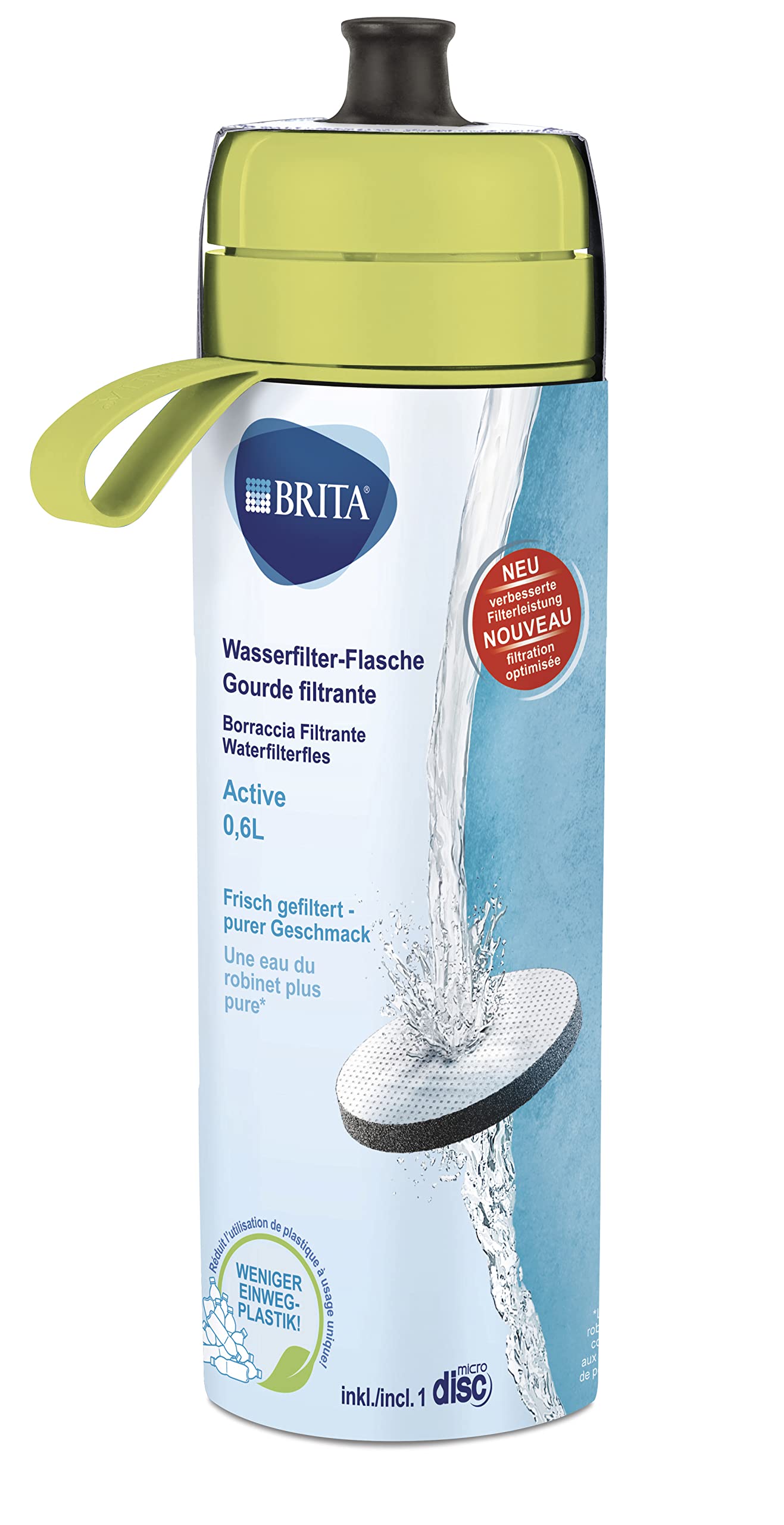 Brita Fill&go Active Limone - Botella de Agua con Filtro de Agua para Viajes, Hecha de plástico sin bisfenol A