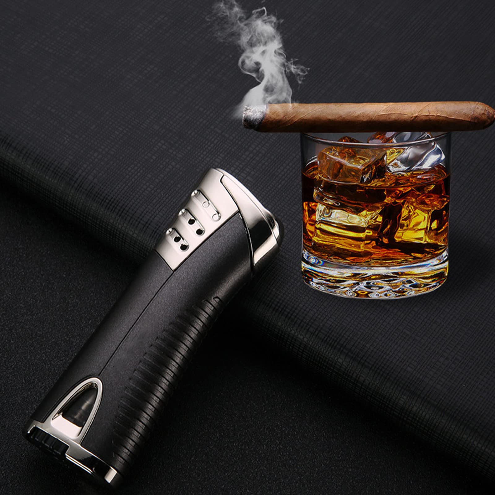 Encendedor de Metal Turbo Jet a Prueba de Viento, Encendedor de Cigarros de Gas Butano Recargable, Accesorios Ajustables para Fumar con Llama Azul, Regalo para Hombres,Gold