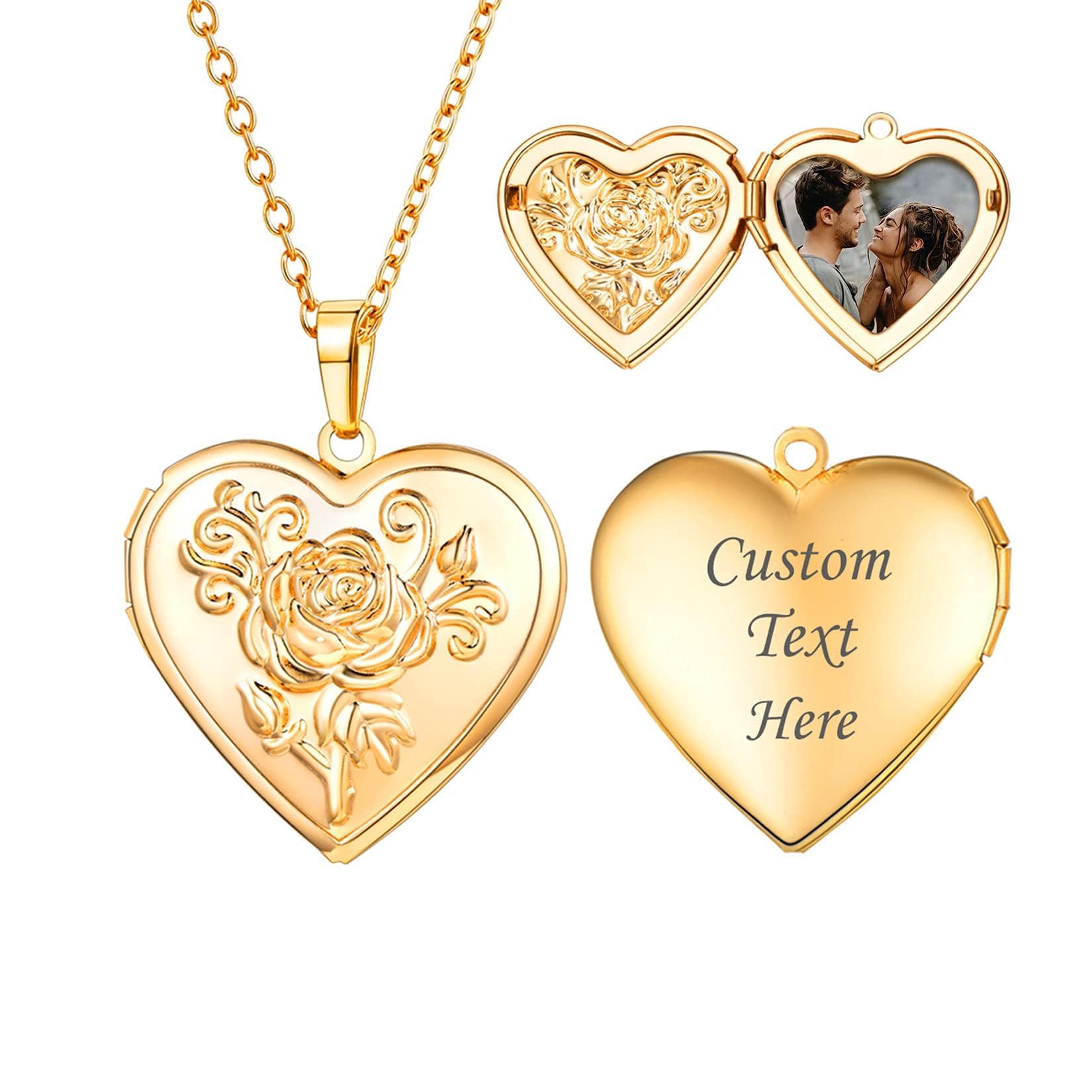 U7 Locket Necklace for Women, Silver/Gold/Rose Gold Custom Photo Text Necklaces, Flower Heart/Round Shape Personalized Picture Pendant Necklace 18