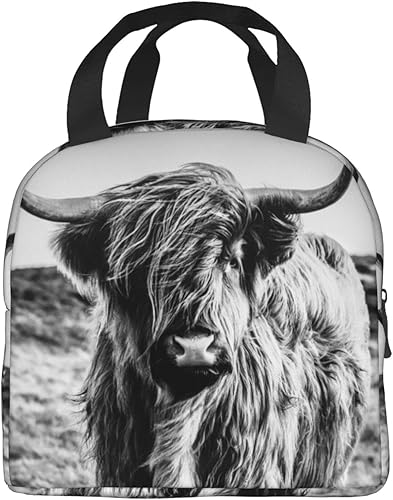 VOOHDDY Bolsa de almuerzo térmica con aislamiento de vaca de las tierras altas para hombres y mujeres, contenedor reutilizable, impermeable,