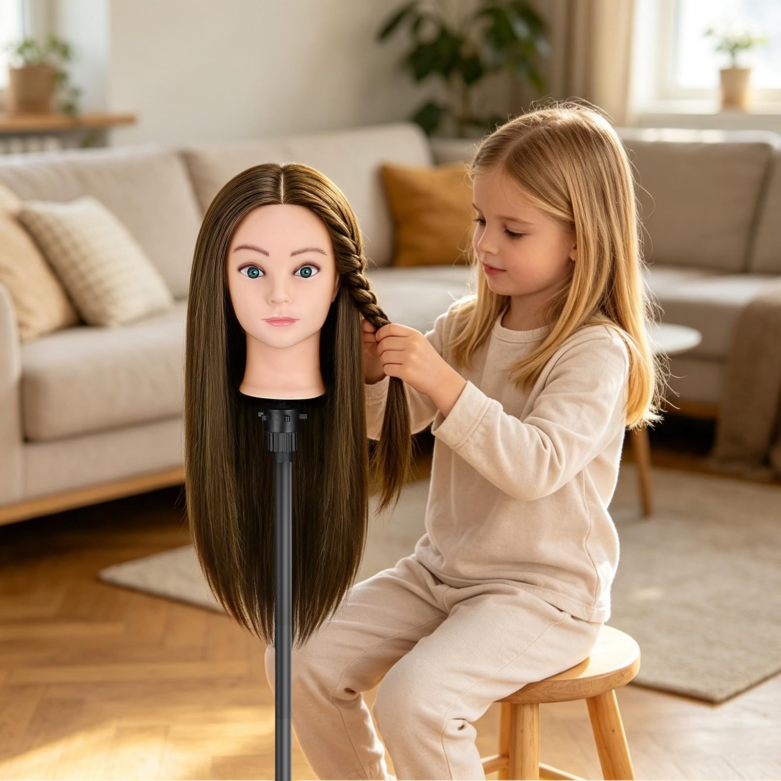 Friseur Kopf Frisierkopf 100% Echthaar 20 Zoll Trainingsköpfe für Friseure Friseurkopf Übungskopf Puppen Kopf zum Frisieren Kosmetik Puppenkopf Mannequin kopf mit Tischhalter + Haare Zubehör